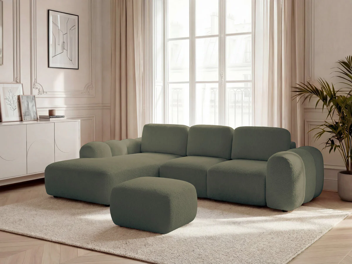 Canapé d'angle convertible coffre grande méridienne MONTAIGNE tissu bouclette avec pouf - Image 13
