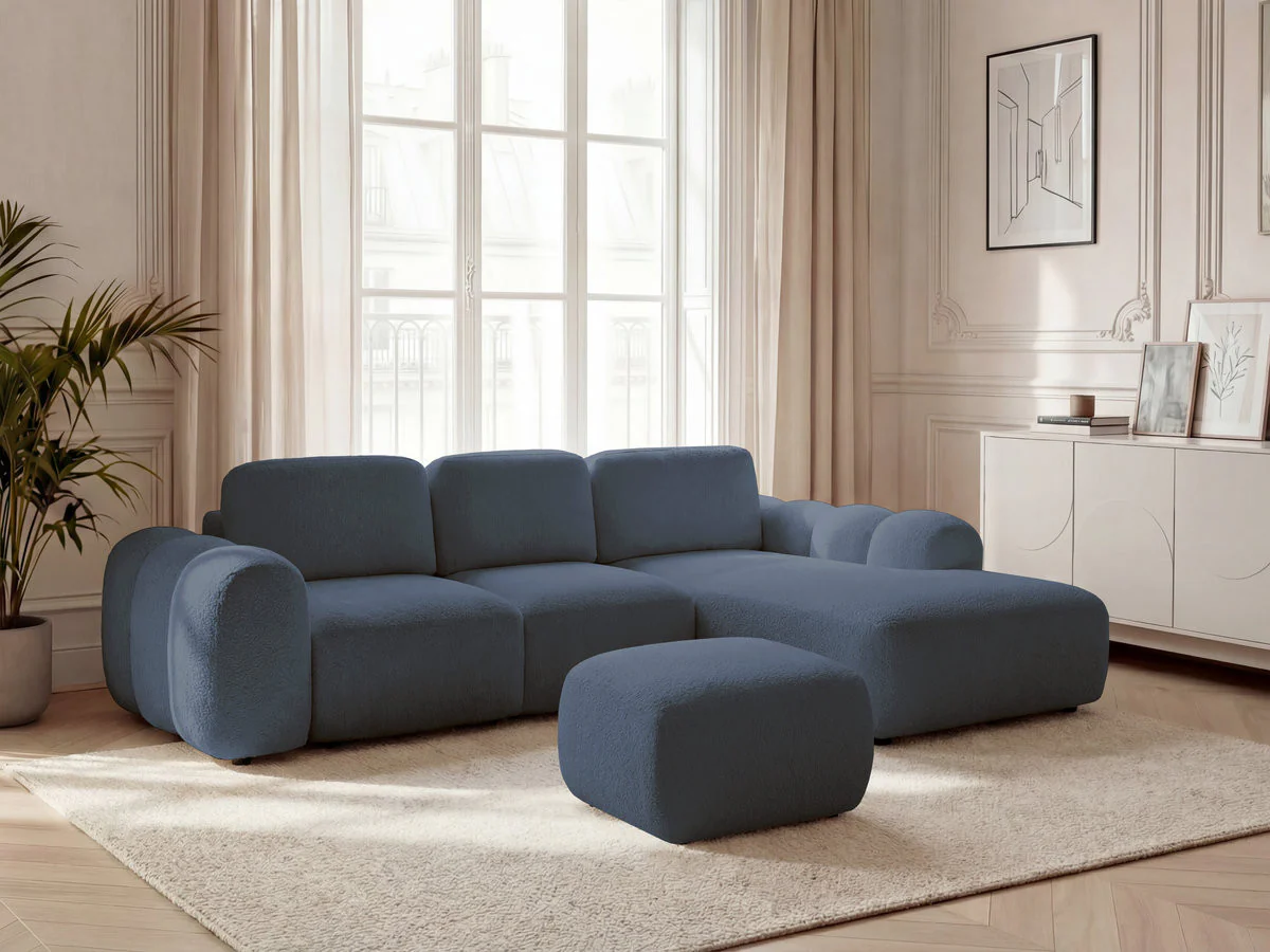 Canapé d'angle convertible coffre grande méridienne MONTAIGNE tissu bouclette avec pouf - Image 14
