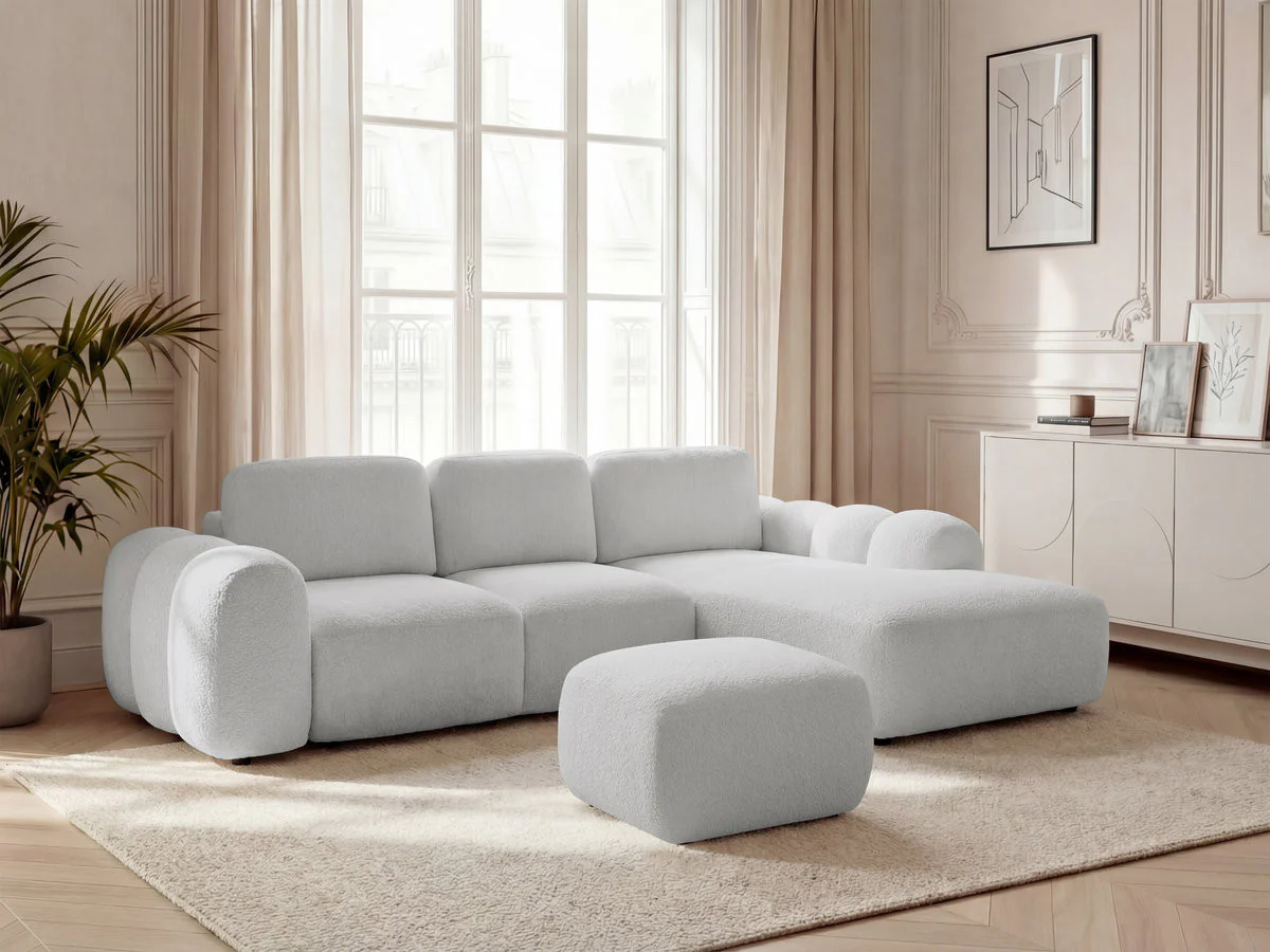 Canapé d'angle convertible coffre grande méridienne MONTAIGNE tissu bouclette avec pouf - Image 15