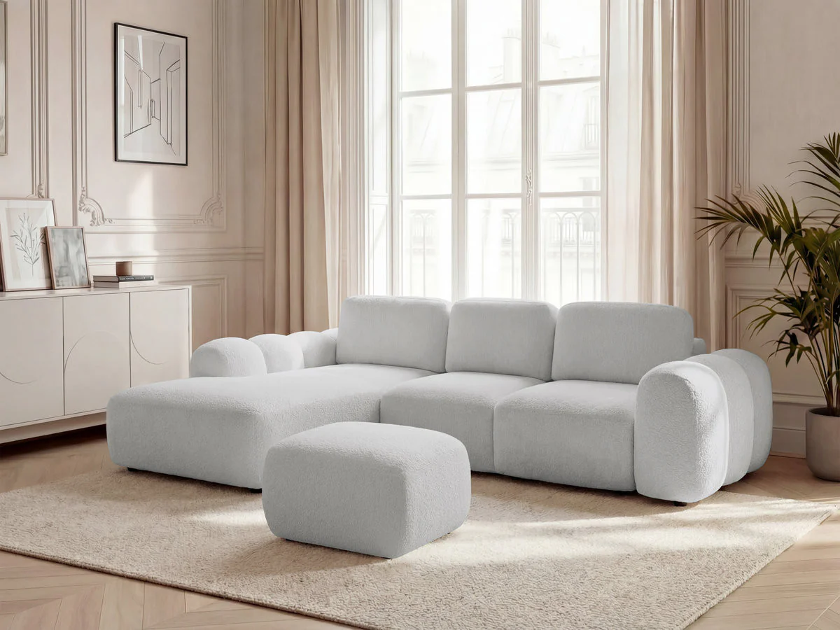 Canapé d'angle convertible coffre grande méridienne MONTAIGNE tissu bouclette avec pouf - Image 16