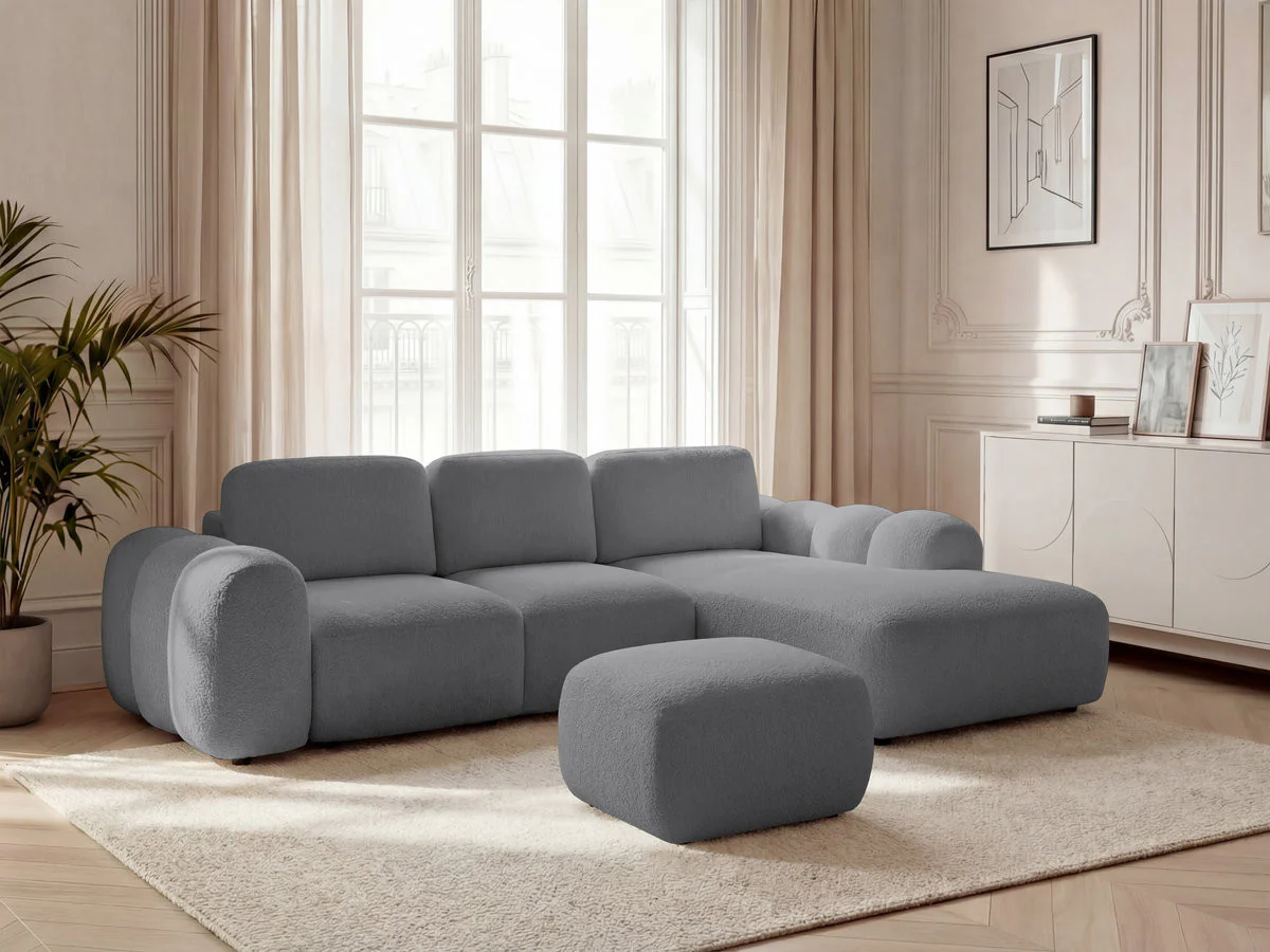 Canapé d'angle convertible coffre grande méridienne MONTAIGNE tissu bouclette avec pouf - Image 17