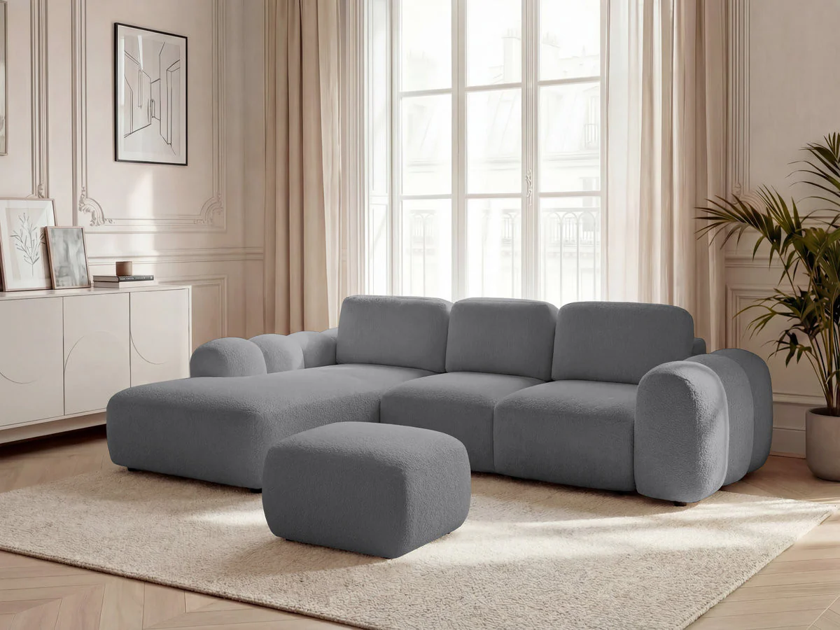 Canapé d'angle convertible coffre grande méridienne MONTAIGNE tissu bouclette avec pouf - Image 18