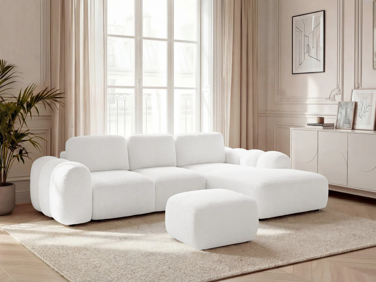 Canapé d'angle convertible coffre grande méridienne MONTAIGNE tissu bouclette avec pouf - Image 19