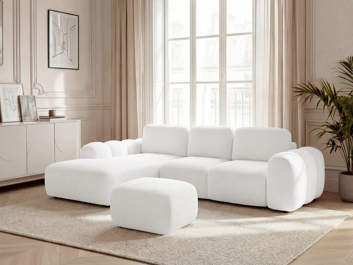 Canapé d'angle convertible coffre grande méridienne MONTAIGNE tissu bouclette avec pouf - Image 20