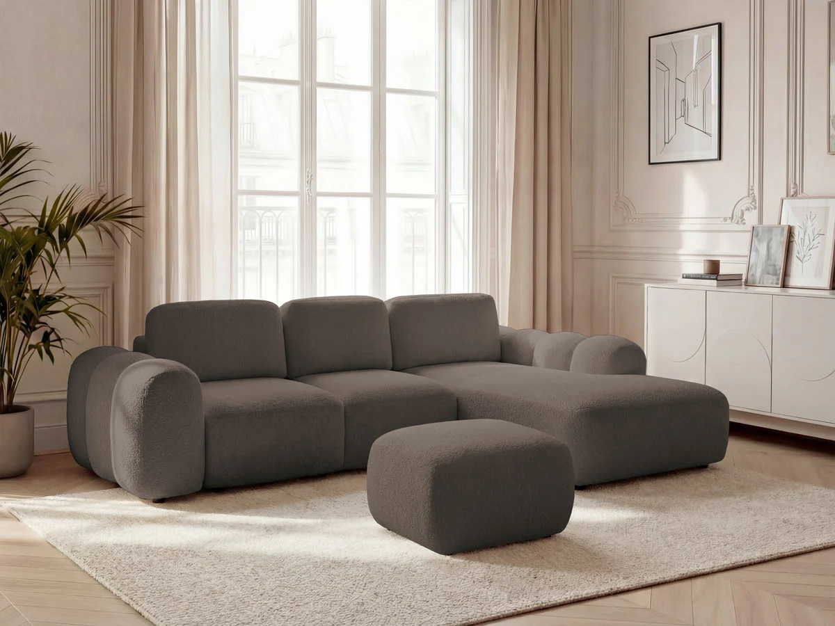 Canapé d'angle convertible coffre grande méridienne MONTAIGNE tissu bouclette avec pouf - Image 23
