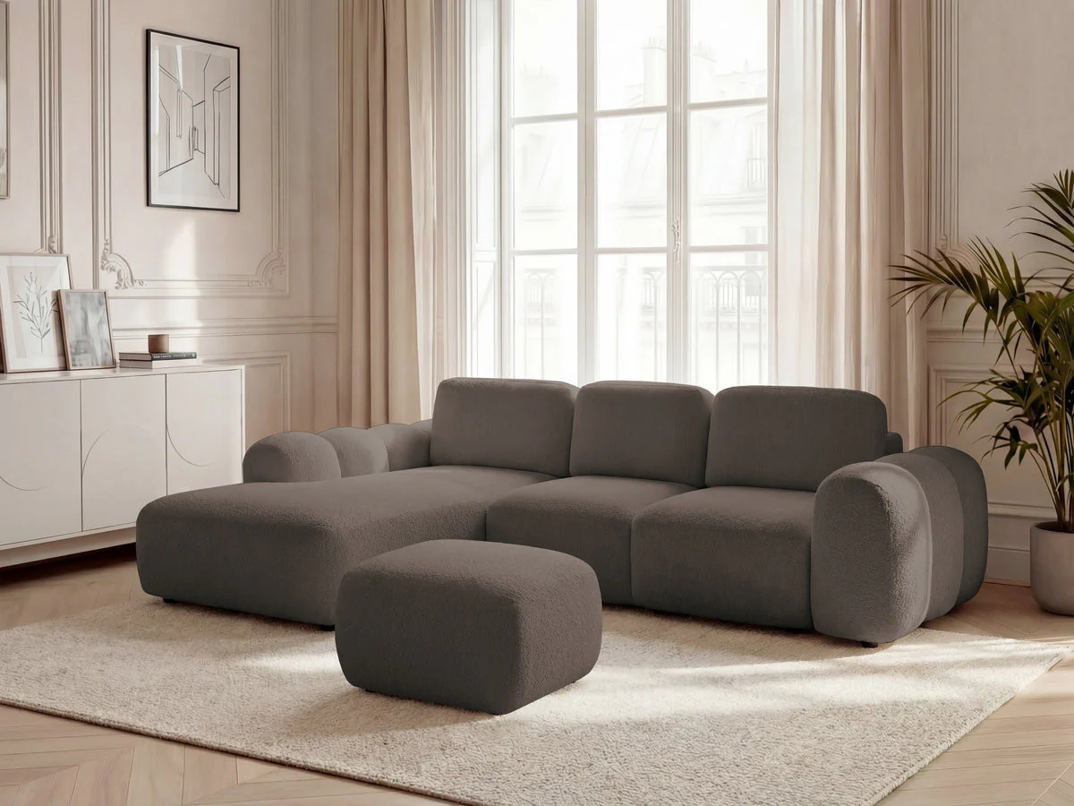 Canapé d'angle convertible coffre grande méridienne MONTAIGNE tissu bouclette avec pouf - Image 24