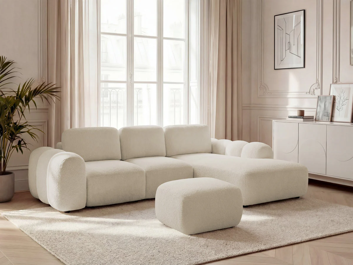 Canapé d'angle convertible coffre grande méridienne MONTAIGNE tissu bouclette avec pouf - Image 4