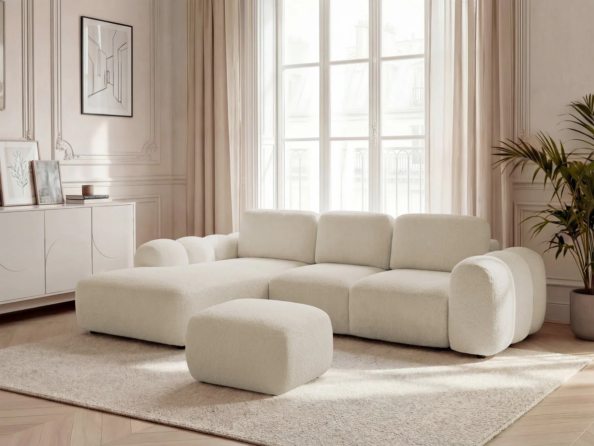 Canapé d'angle convertible coffre grande méridienne MONTAIGNE tissu bouclette avec pouf - Image 5