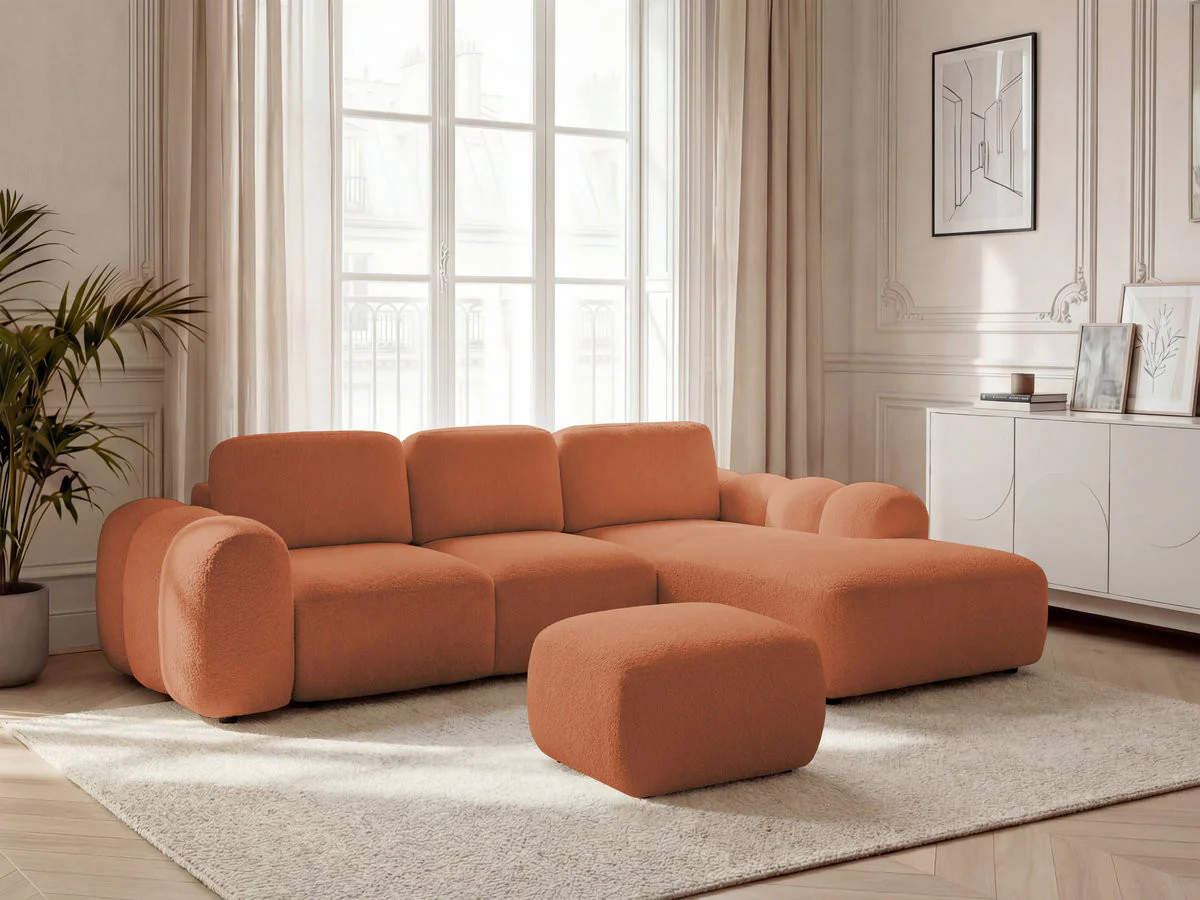 Canapé d'angle convertible coffre grande méridienne MONTAIGNE tissu bouclette avec pouf - Image 8