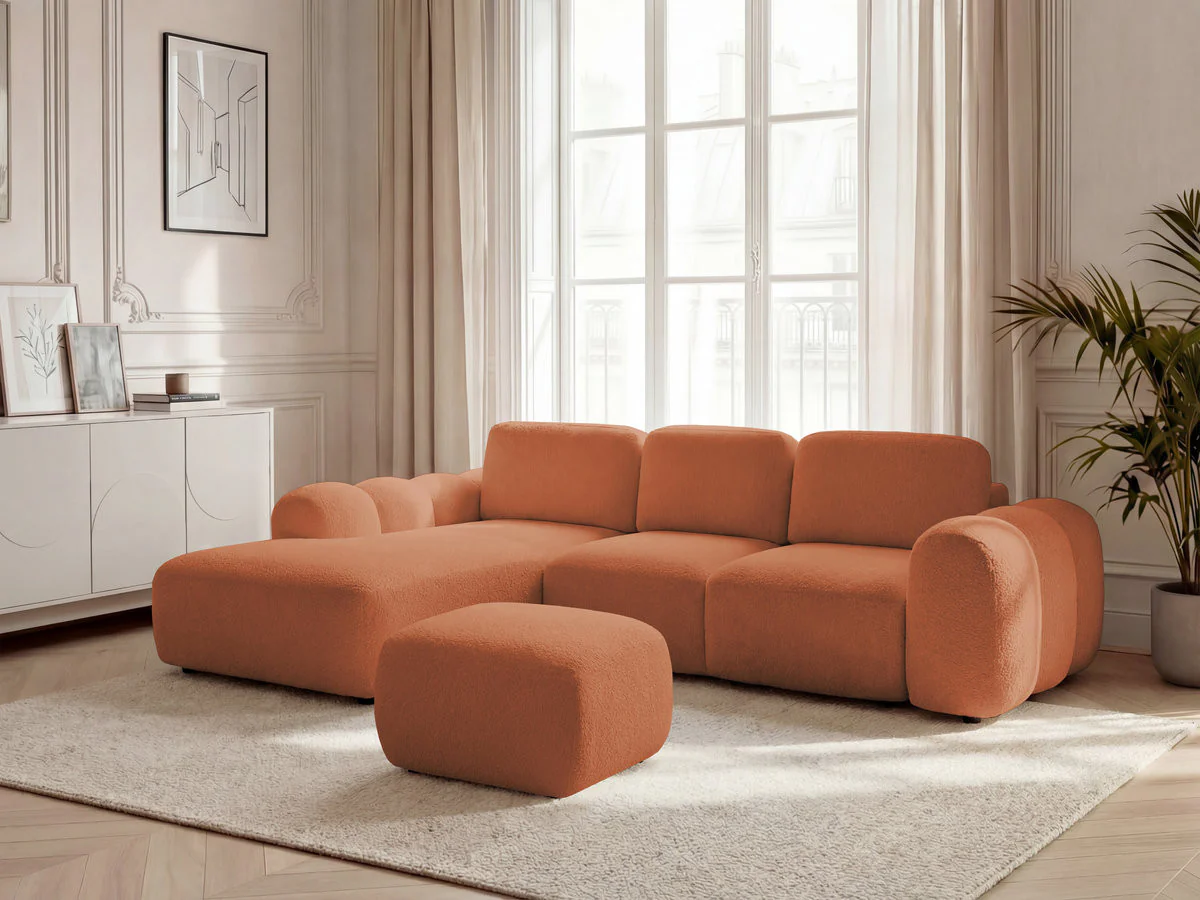 Canapé d'angle convertible coffre grande méridienne MONTAIGNE tissu bouclette avec pouf - Image 9