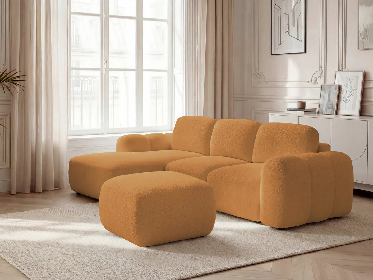 Canapé d'angle convertible coffre MONTAIGNE tissu bouclette avec pouf - Image 10