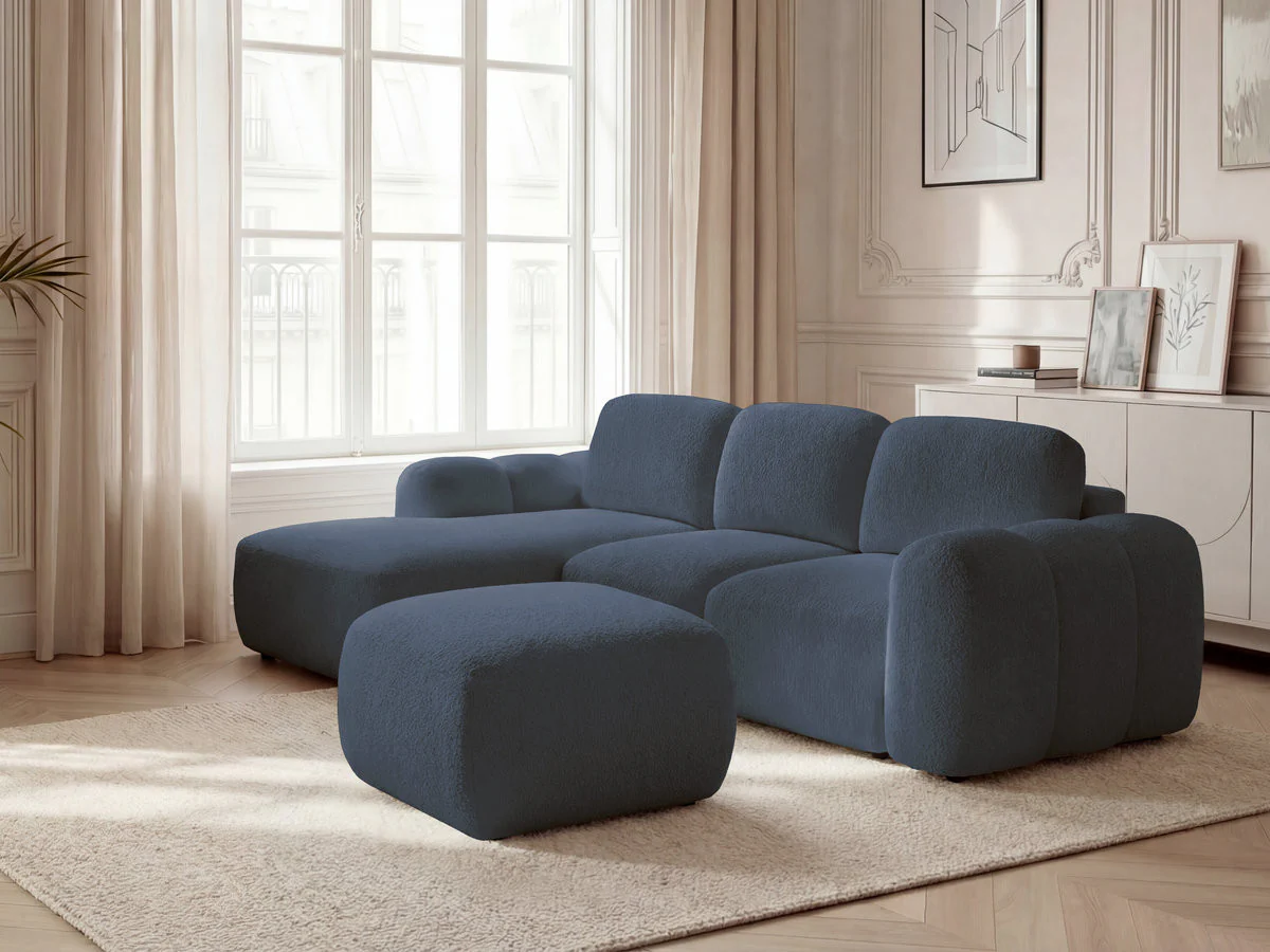 Canapé d'angle convertible coffre MONTAIGNE tissu bouclette avec pouf - Image 14