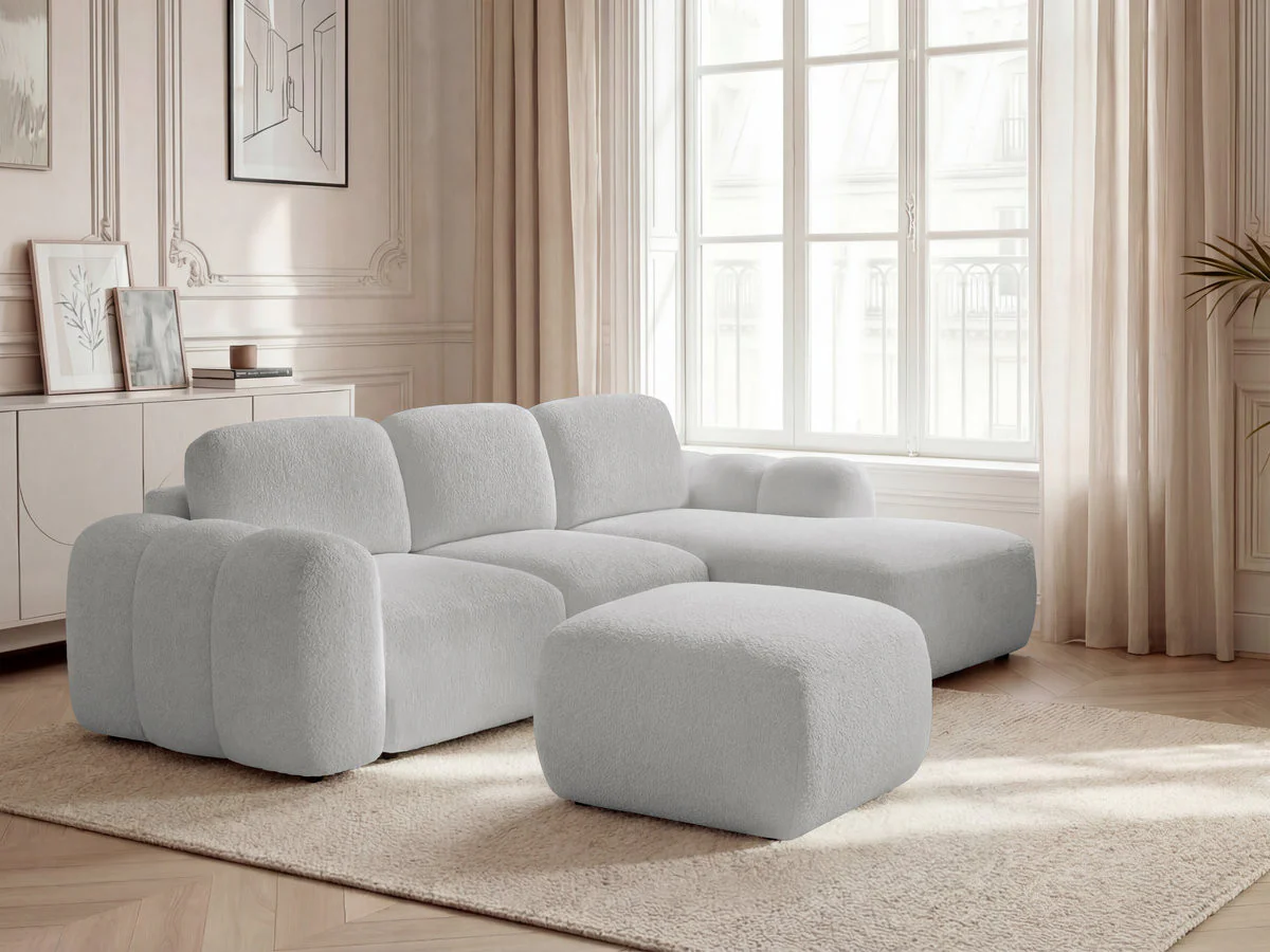 Canapé d'angle convertible coffre MONTAIGNE tissu bouclette avec pouf - Image 15