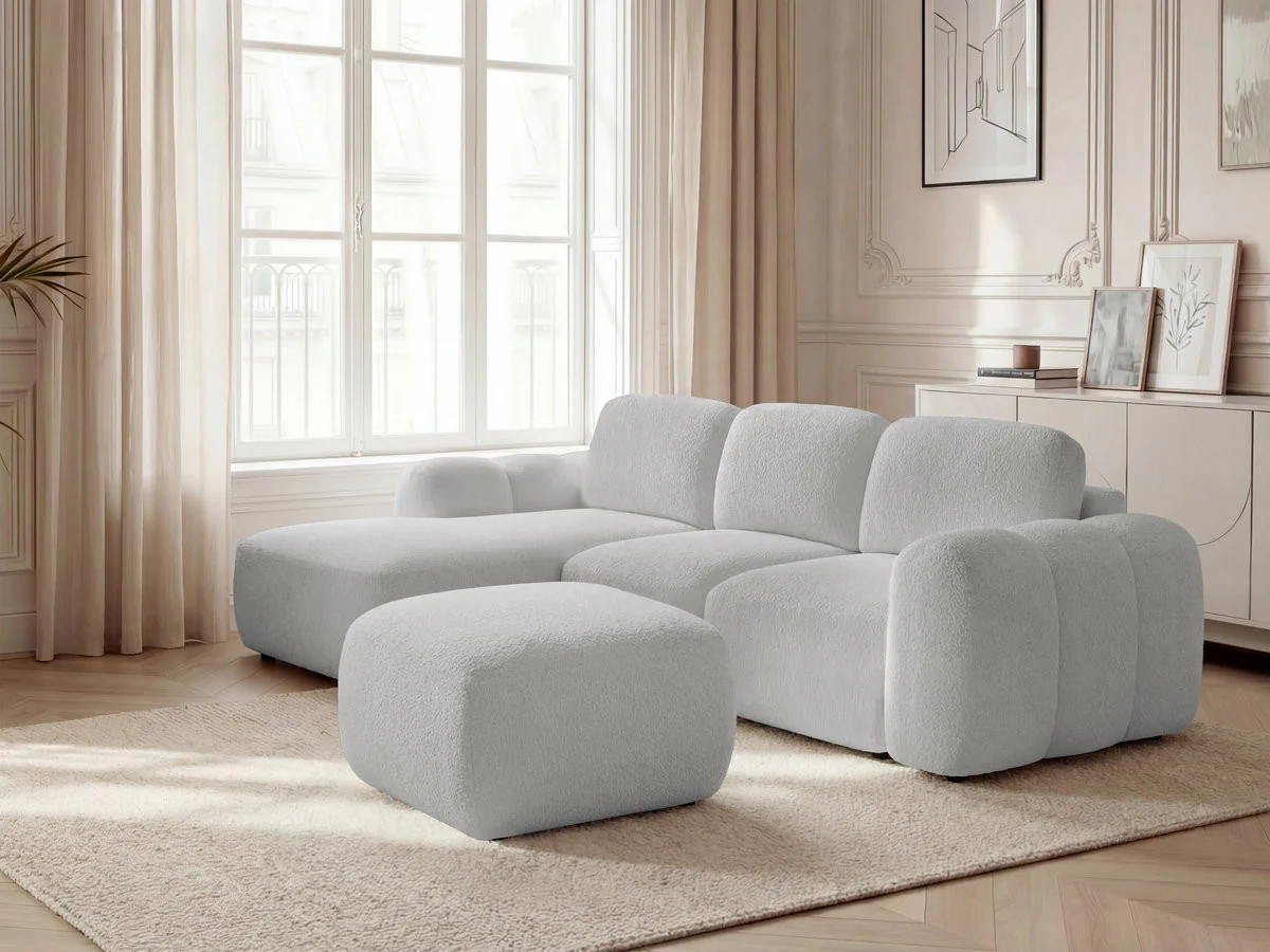 Canapé d'angle convertible coffre MONTAIGNE tissu bouclette avec pouf - Image 16