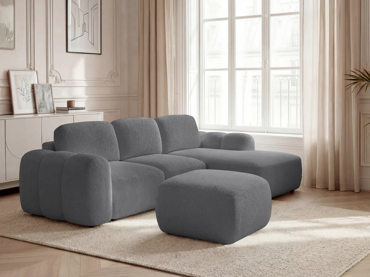 Canapé d'angle convertible coffre MONTAIGNE tissu bouclette avec pouf - Image 17