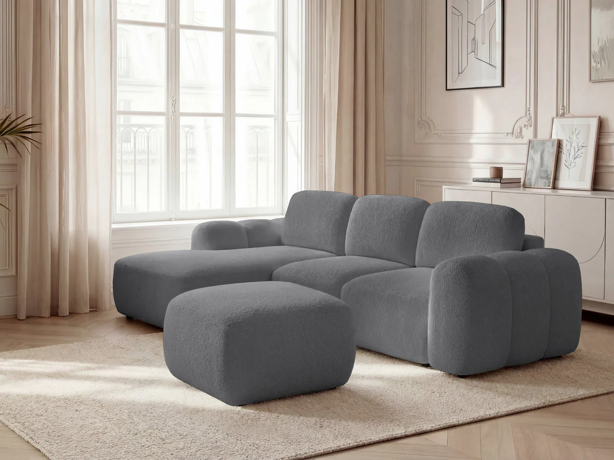 Canapé d'angle convertible coffre MONTAIGNE tissu bouclette avec pouf - Image 18