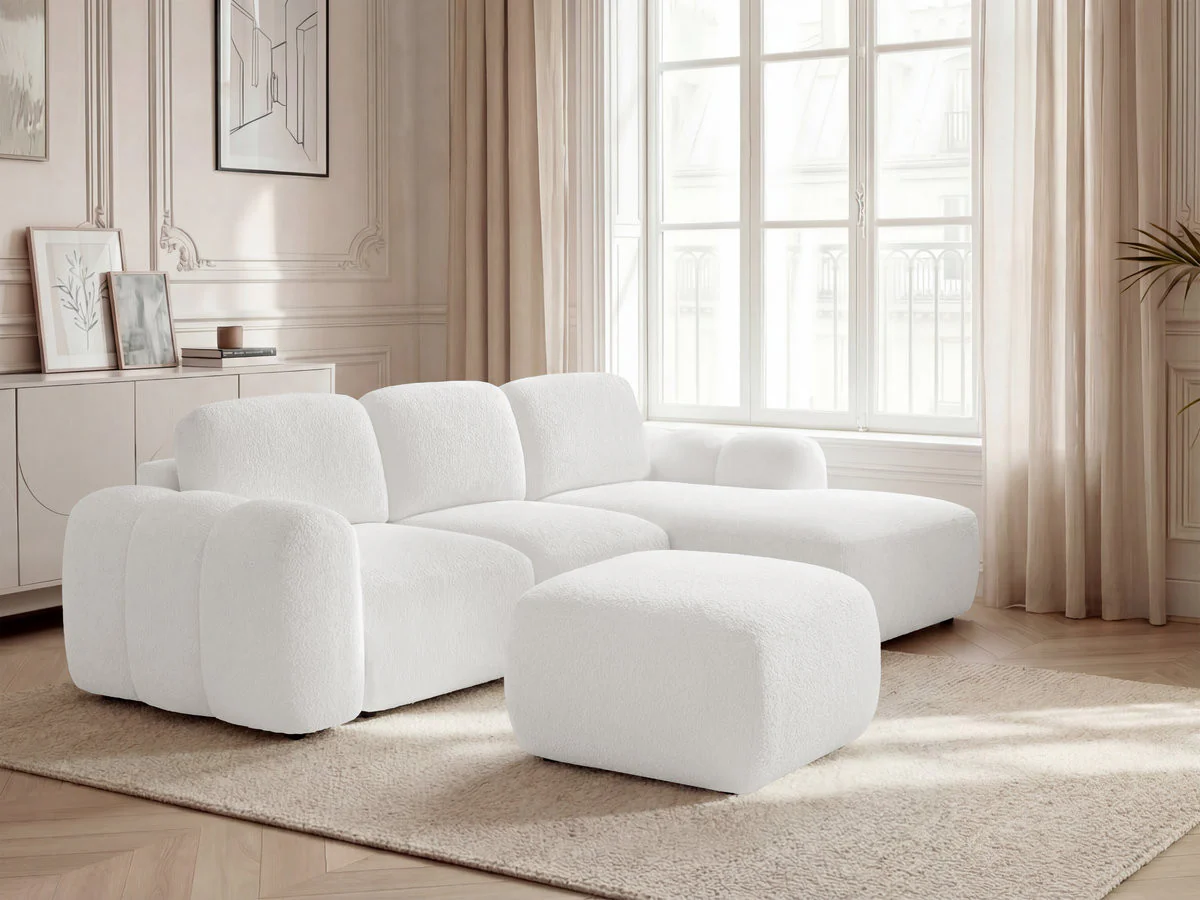 Canapé d'angle convertible coffre MONTAIGNE tissu bouclette avec pouf - Image 19