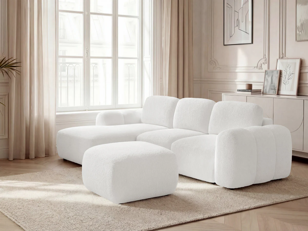 Canapé d'angle convertible coffre MONTAIGNE tissu bouclette avec pouf - Image 2