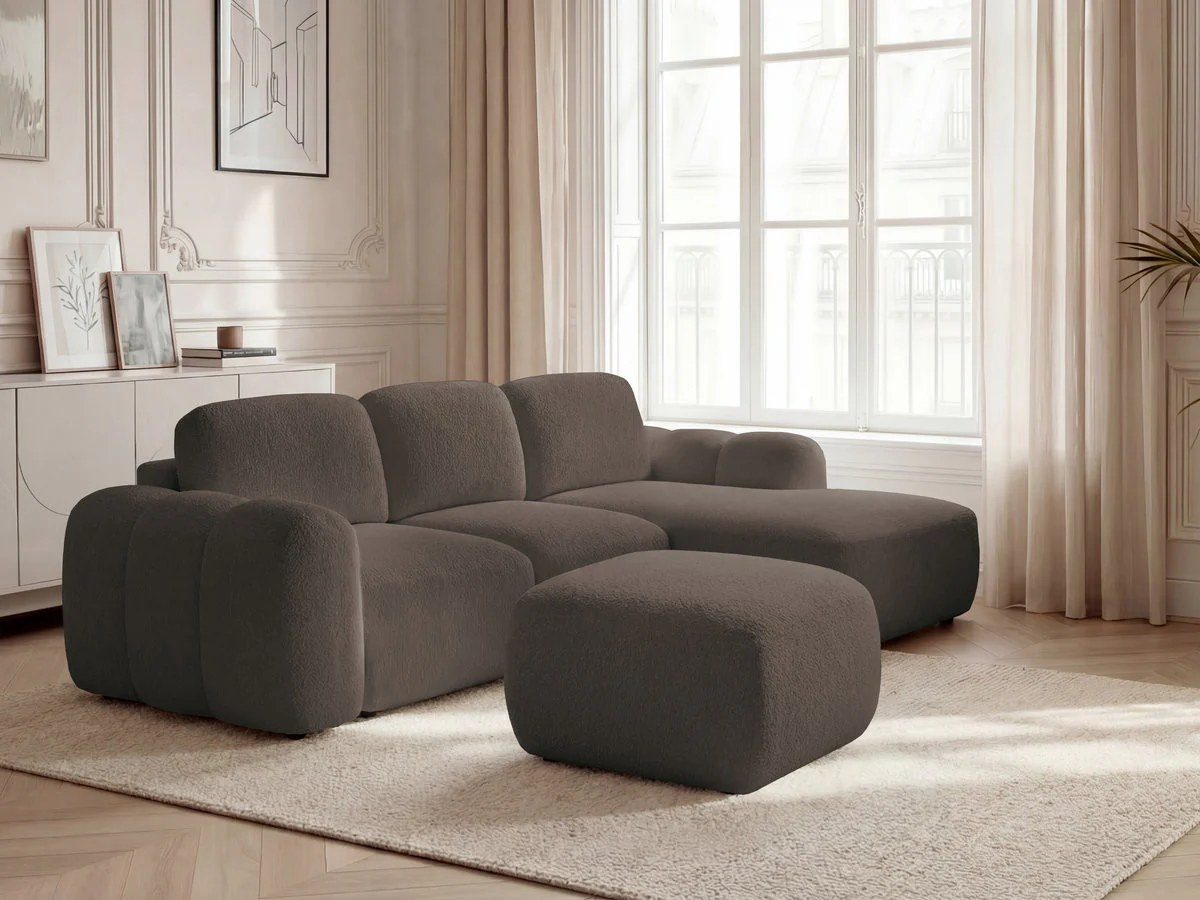 Canapé d'angle convertible coffre MONTAIGNE tissu bouclette avec pouf - Image 23