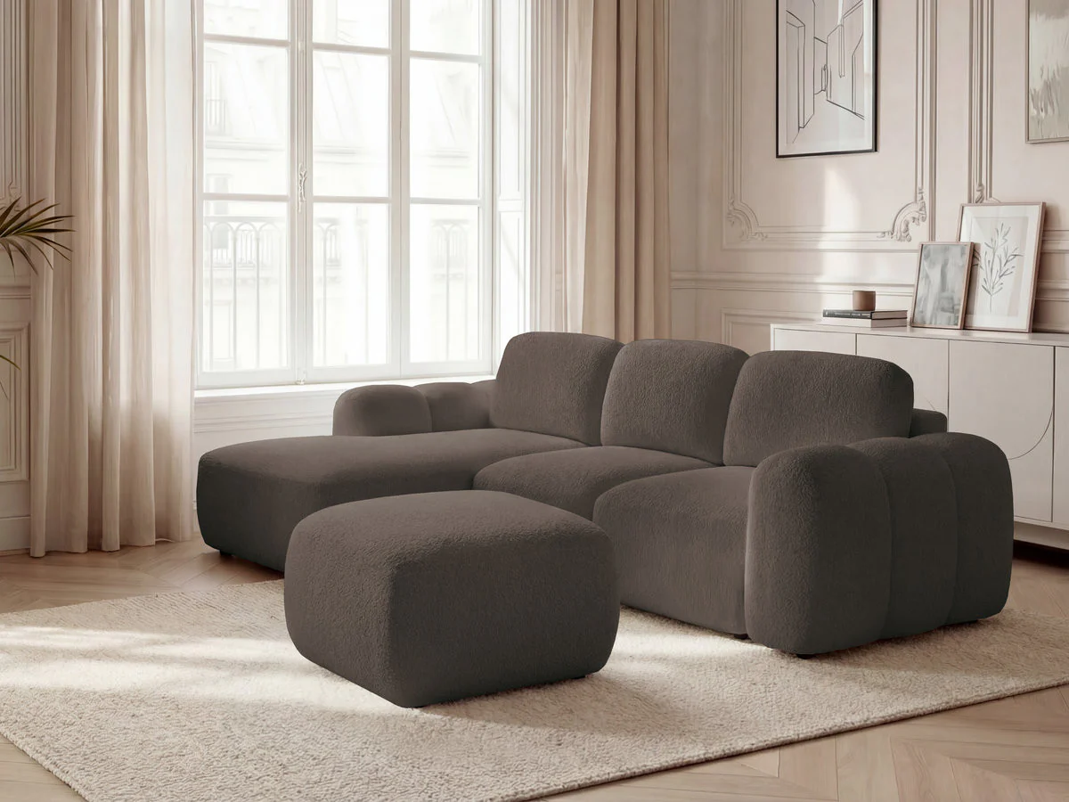 Canapé d'angle convertible coffre MONTAIGNE tissu bouclette avec pouf - Image 24