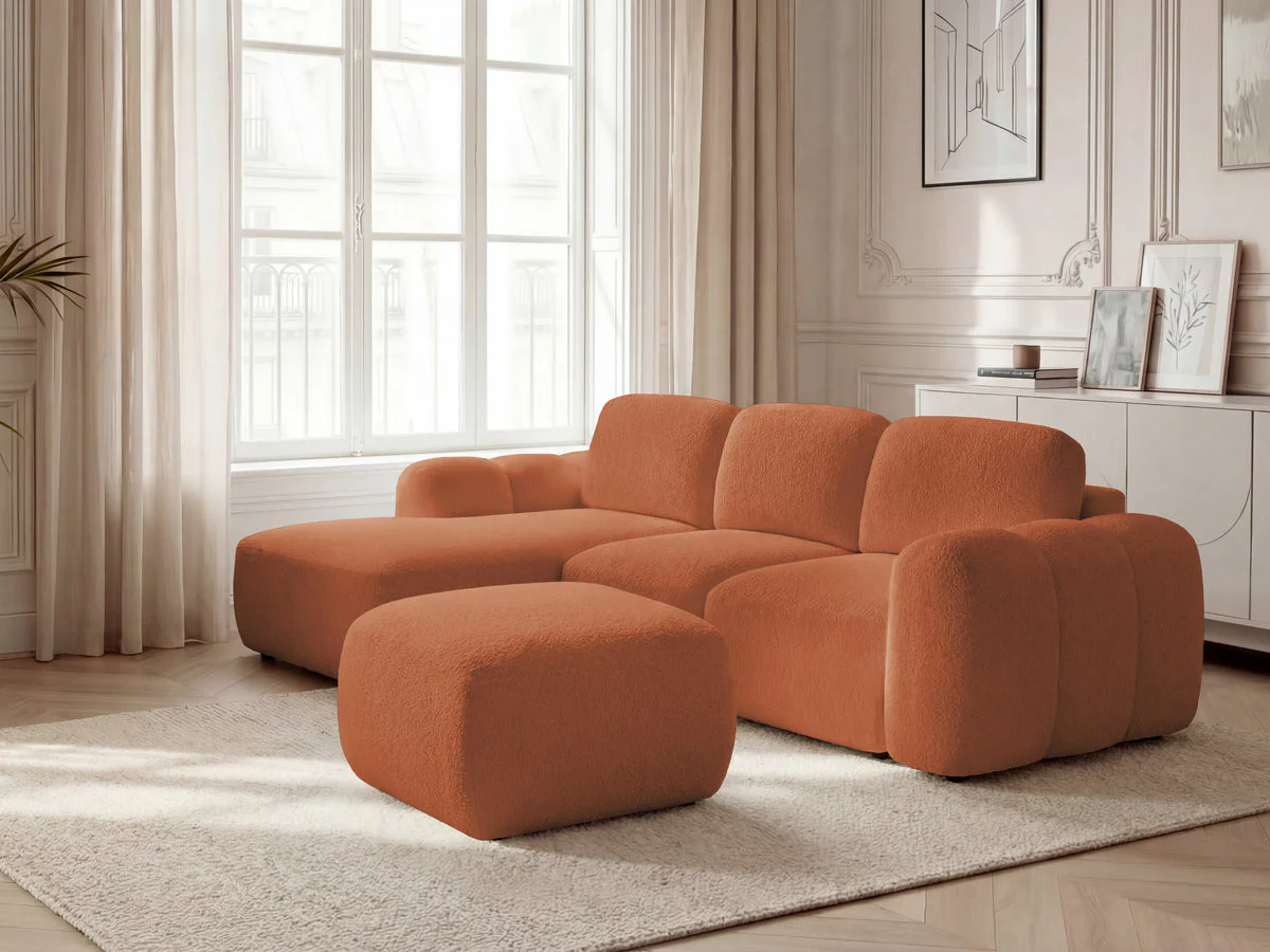 Canapé d'angle convertible coffre MONTAIGNE tissu bouclette avec pouf - Image 26