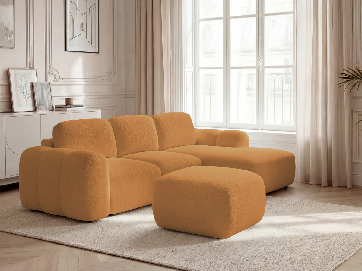 Canapé d'angle convertible coffre MONTAIGNE tissu bouclette avec pouf - Image 27