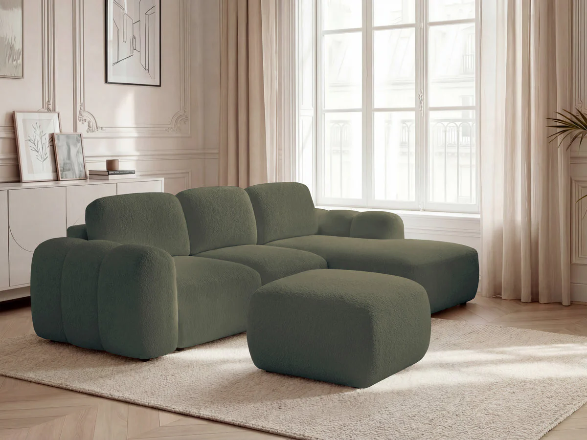 Canapé d'angle convertible coffre MONTAIGNE tissu bouclette avec pouf - Image 29
