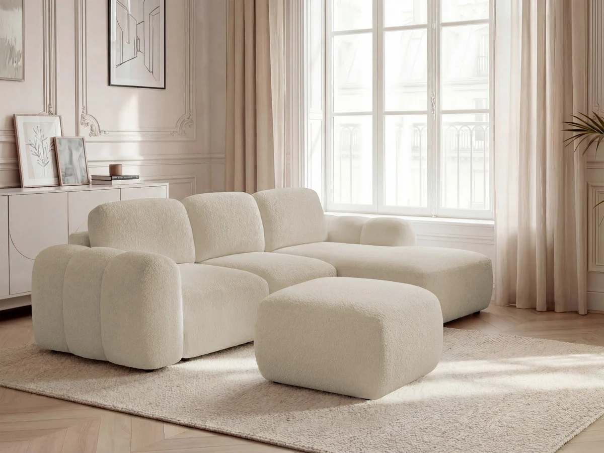 Canapé d'angle convertible coffre MONTAIGNE tissu bouclette avec pouf - Image 3