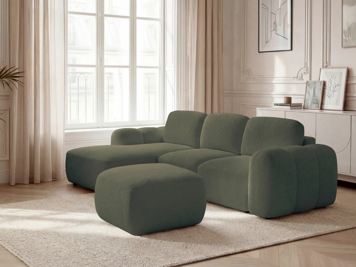 Canapé d'angle convertible coffre MONTAIGNE tissu bouclette avec pouf - Image 30