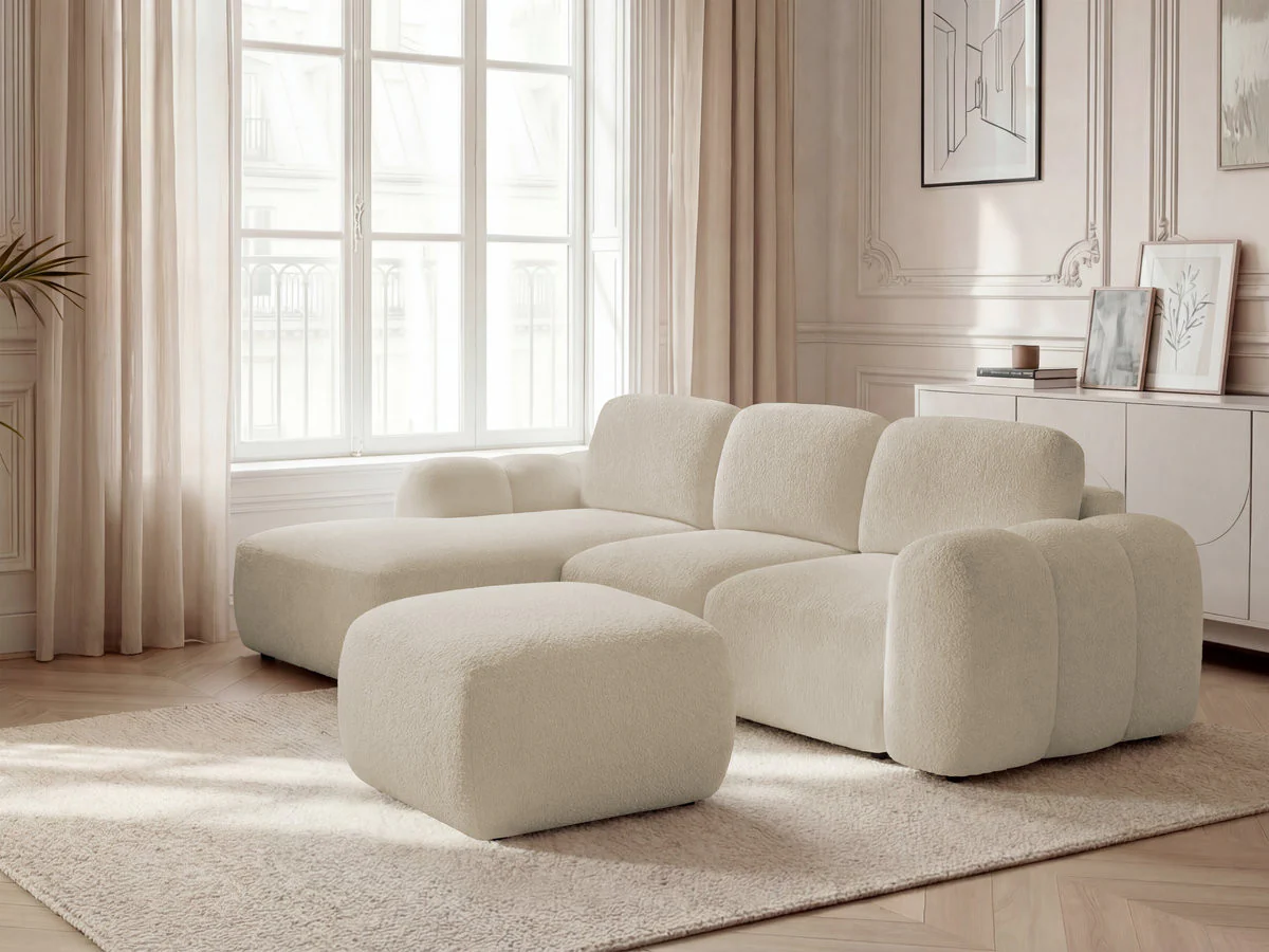 Canapé d'angle convertible coffre MONTAIGNE tissu bouclette avec pouf - Image 4