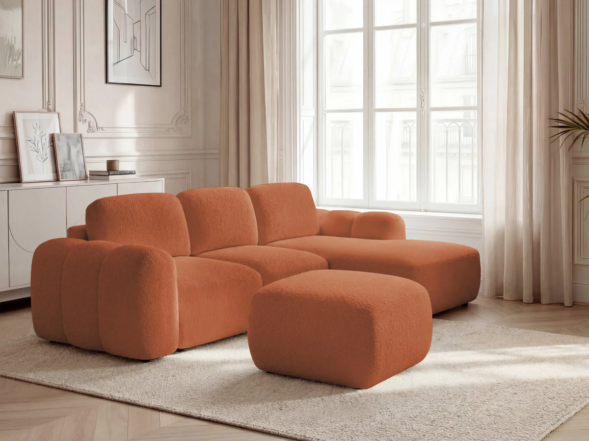 Canapé d'angle convertible coffre MONTAIGNE tissu bouclette avec pouf - Image 7