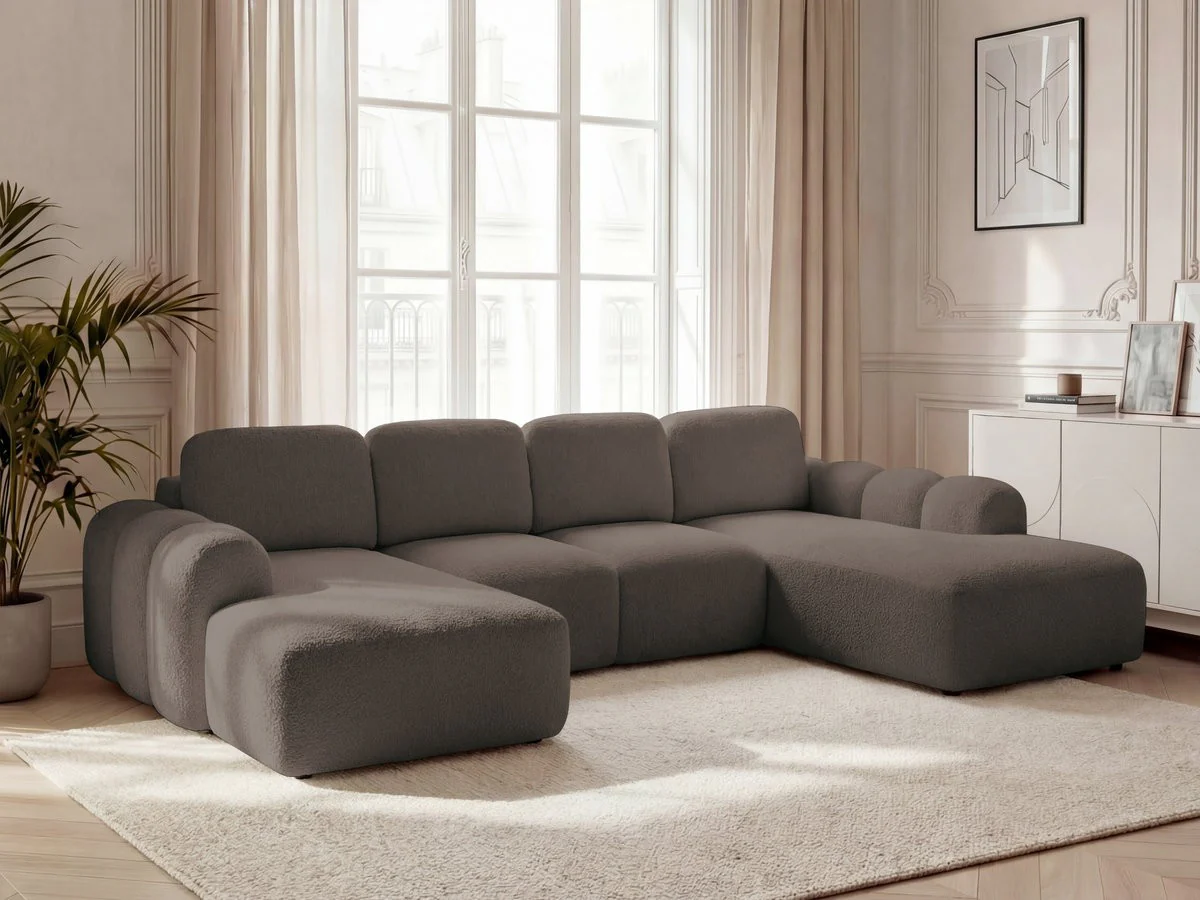 Canapé panoramique convertible coffre MONTAIGNE tissu bouclette - Image 6