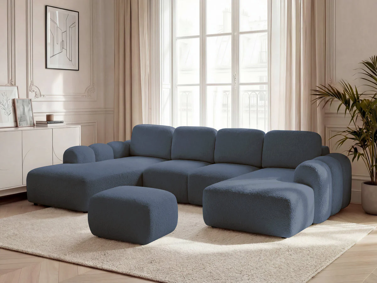 Canapé panoramique convertible coffre MONTAIGNE tissu bouclette avec pouf - Image 13
