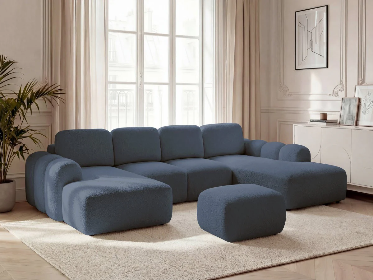 Canapé panoramique convertible coffre MONTAIGNE tissu bouclette avec pouf - Image 14