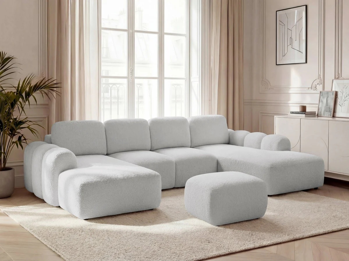 Canapé panoramique convertible coffre MONTAIGNE tissu bouclette avec pouf - Image 16