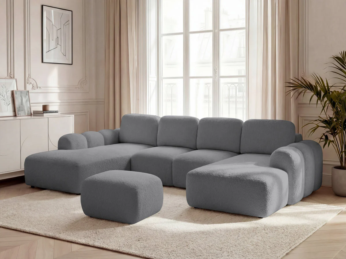 Canapé panoramique convertible coffre MONTAIGNE tissu bouclette avec pouf - Image 17