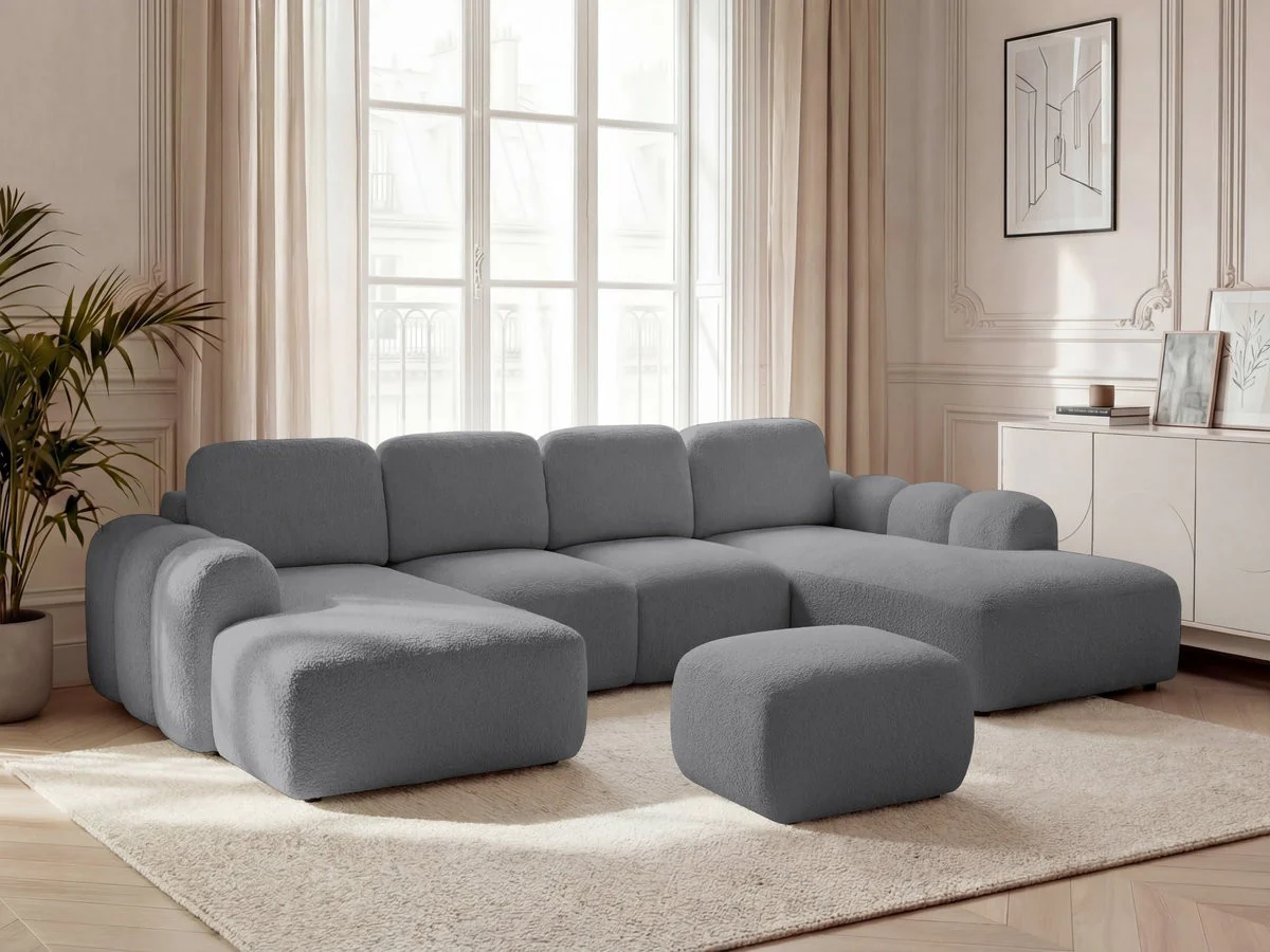 Canapé panoramique convertible coffre MONTAIGNE tissu bouclette avec pouf - Image 18