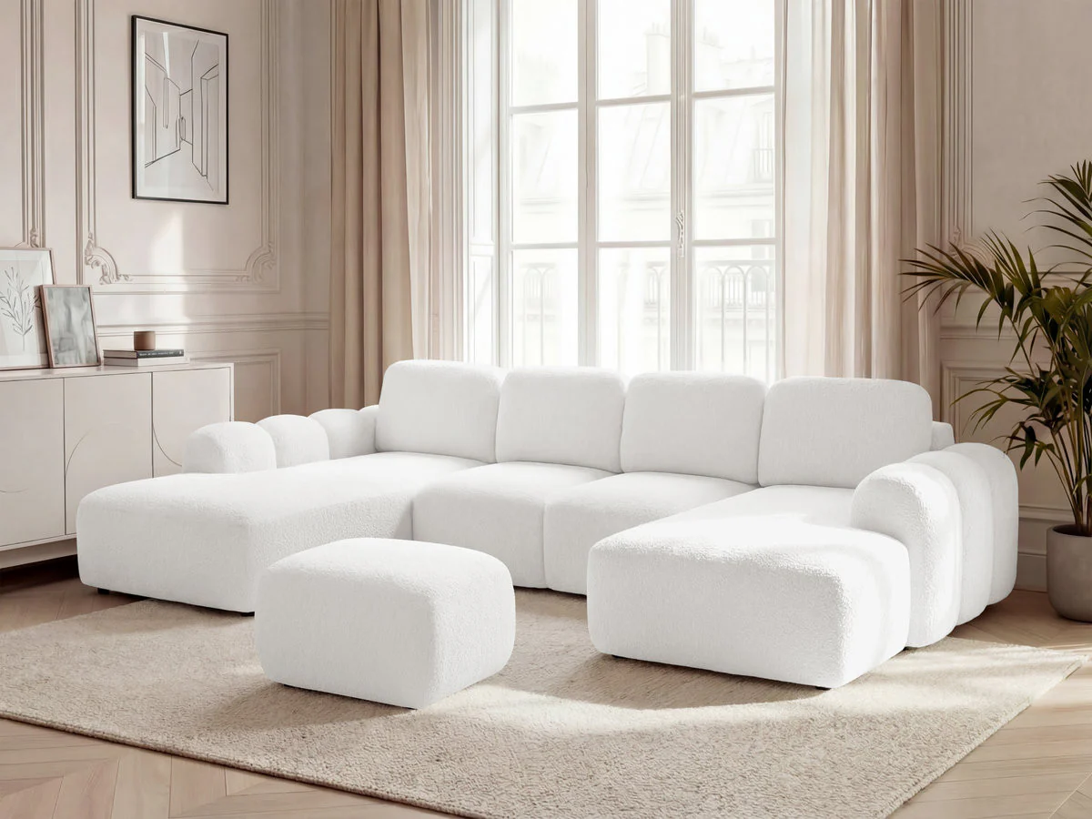 Canapé panoramique convertible coffre MONTAIGNE tissu bouclette avec pouf - Image 2