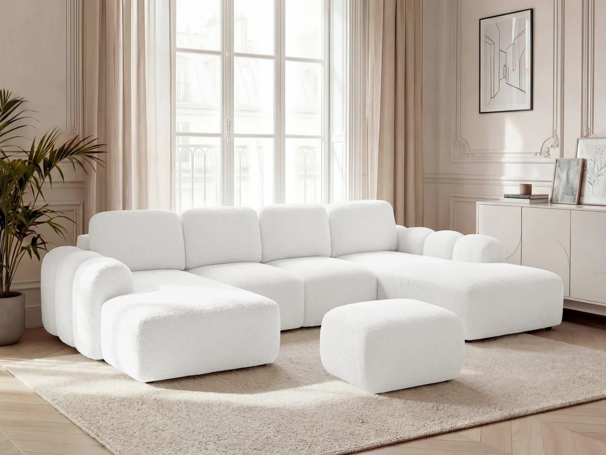 Canapé panoramique convertible coffre MONTAIGNE tissu bouclette avec pouf - Image 21