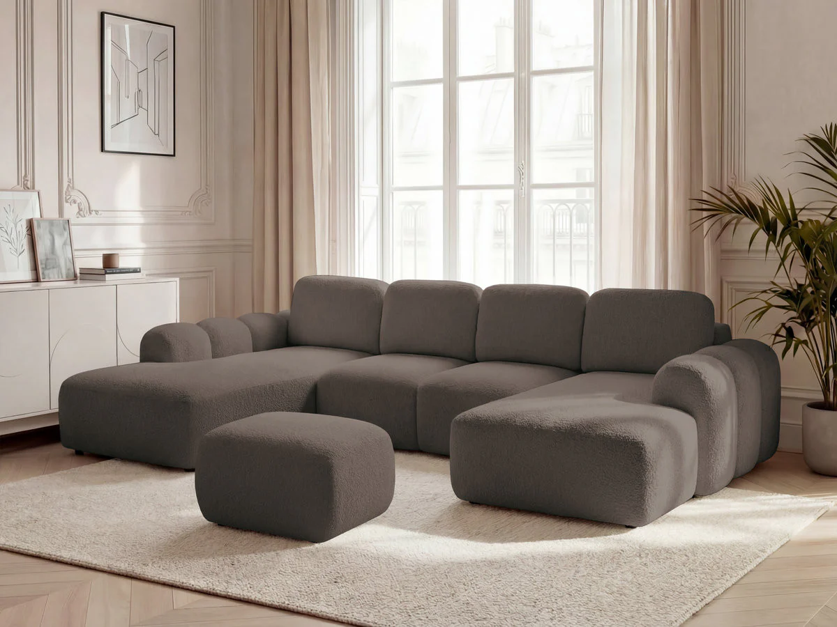 Canapé panoramique convertible coffre MONTAIGNE tissu bouclette avec pouf - Image 24