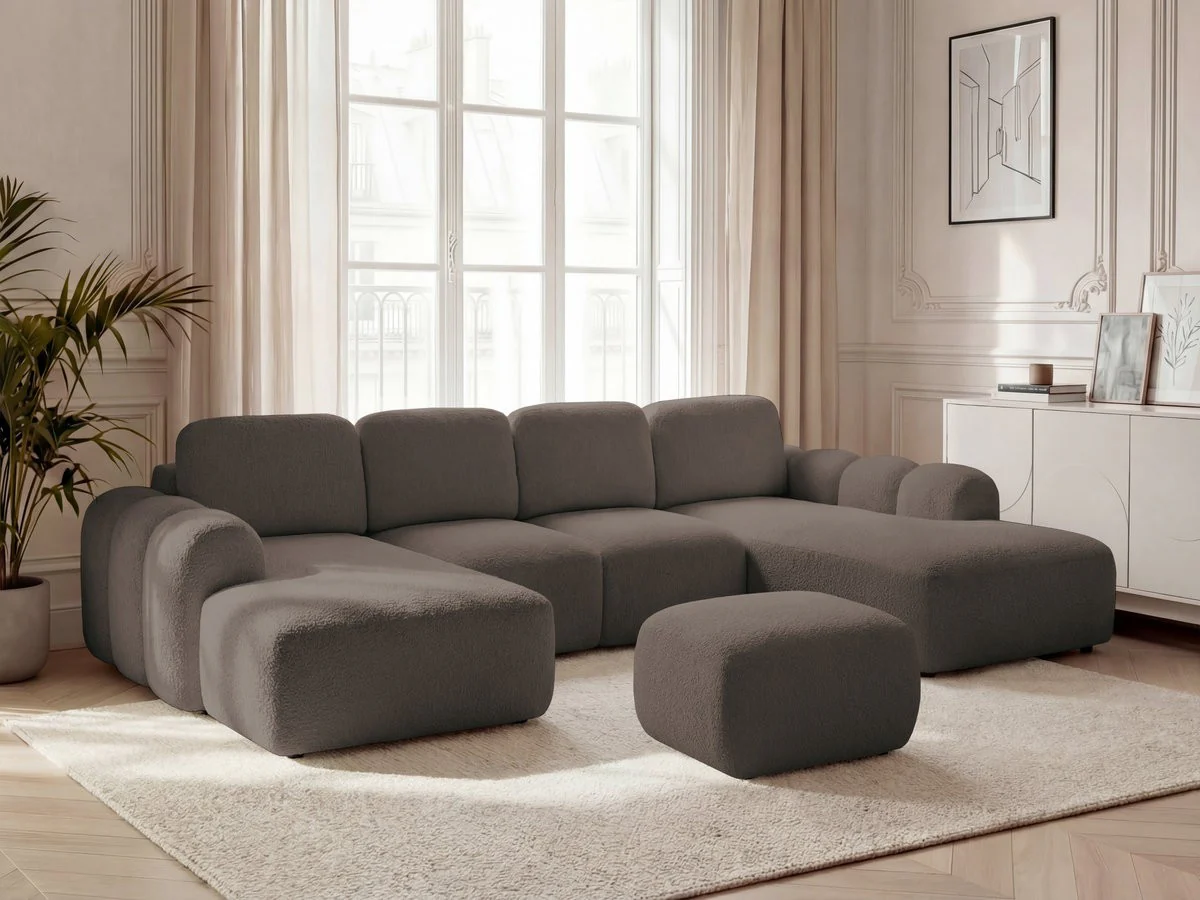 Canapé panoramique convertible coffre MONTAIGNE tissu bouclette avec pouf - Image 25