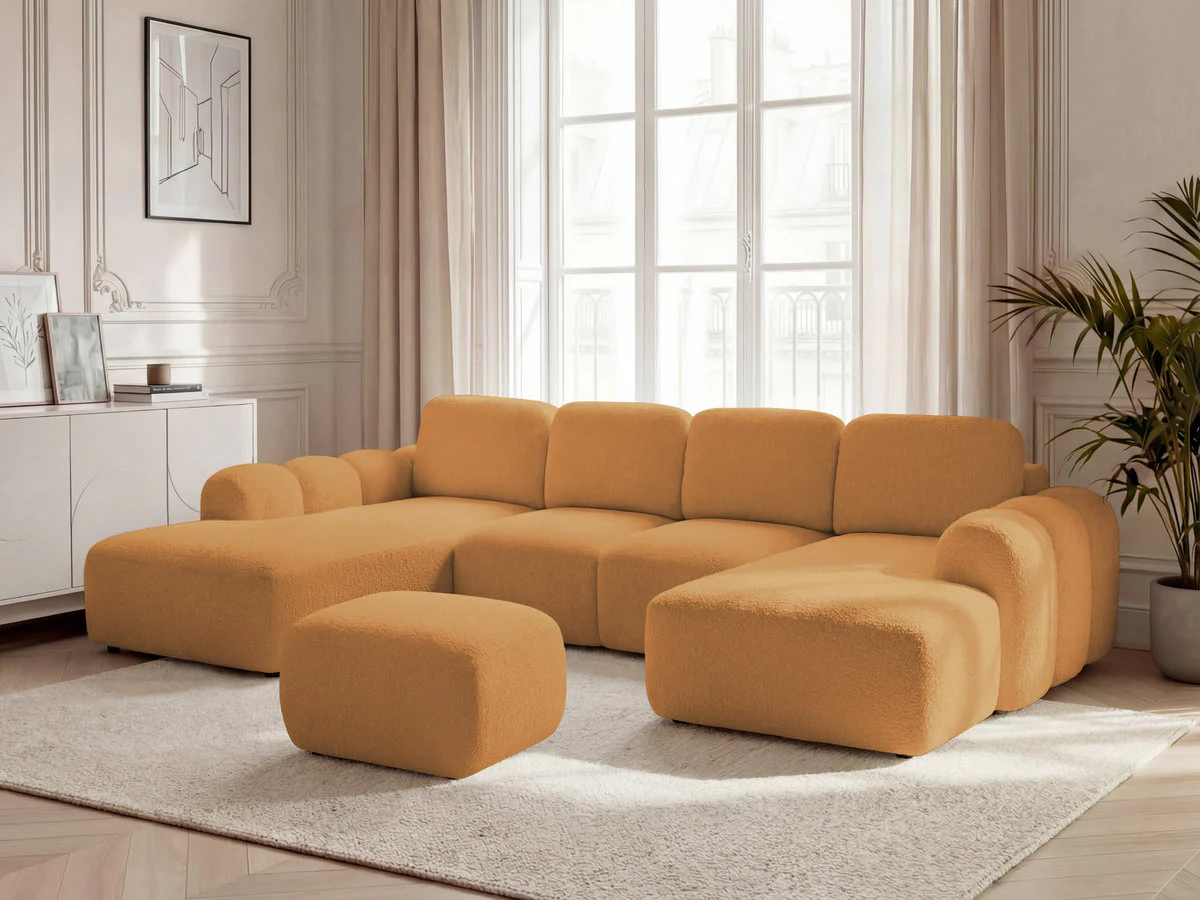 Canapé panoramique convertible coffre MONTAIGNE tissu bouclette avec pouf - Image 27