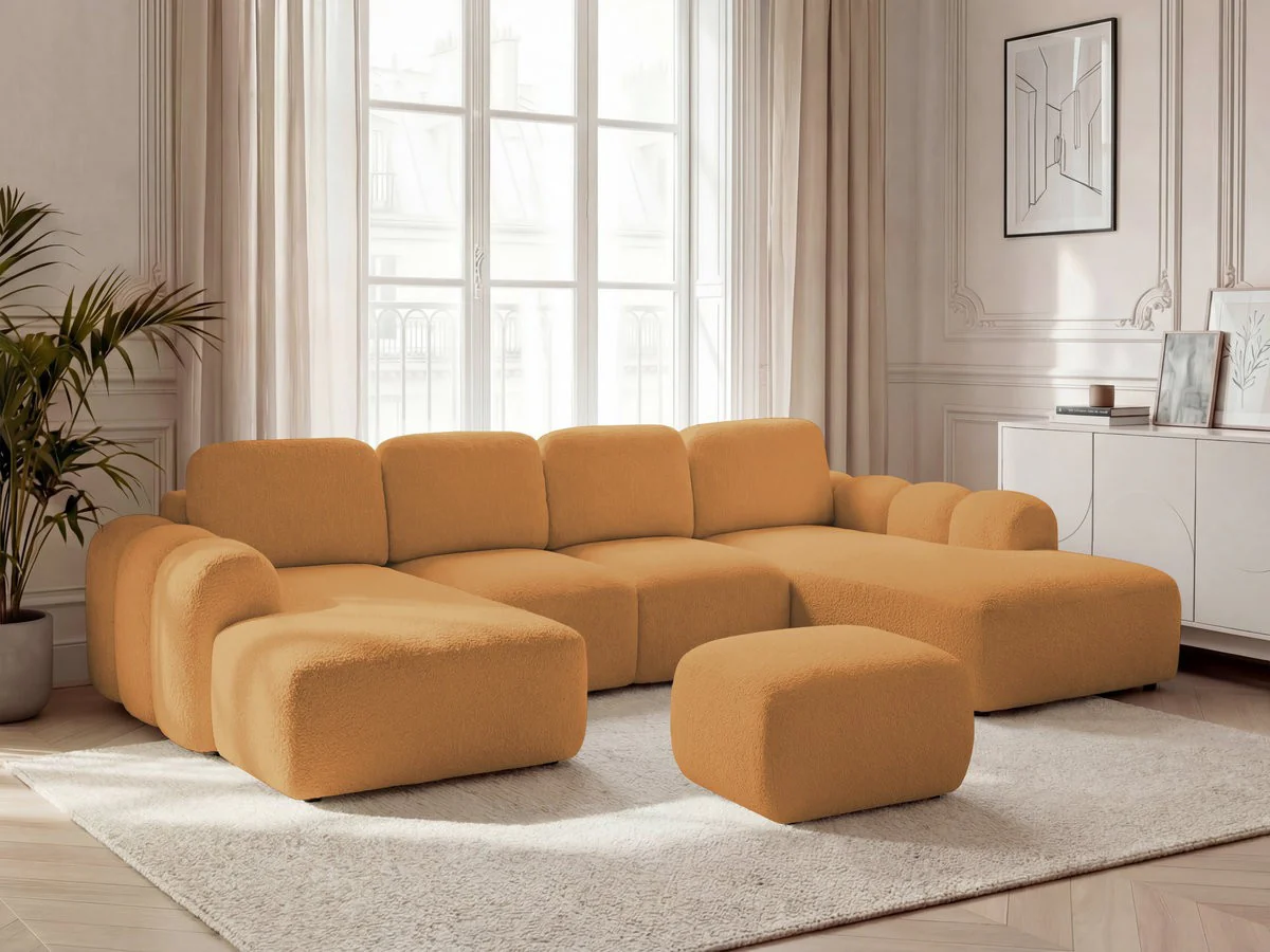 Canapé panoramique convertible coffre MONTAIGNE tissu bouclette avec pouf - Image 28