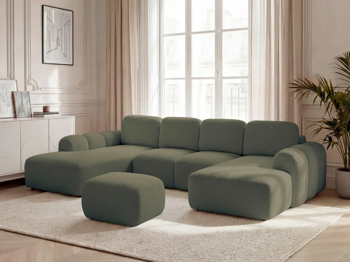 Canapé panoramique convertible coffre MONTAIGNE tissu bouclette avec pouf - Image 29