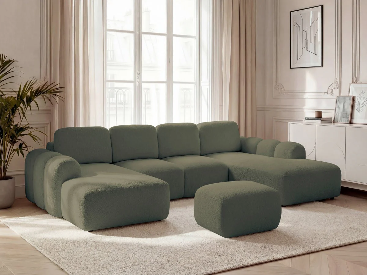 Canapé panoramique convertible coffre MONTAIGNE tissu bouclette avec pouf - Image 30