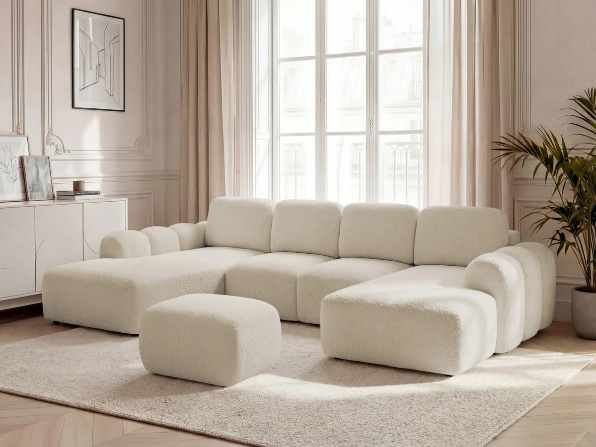 Canapé panoramique convertible coffre MONTAIGNE tissu bouclette avec pouf - Image 4