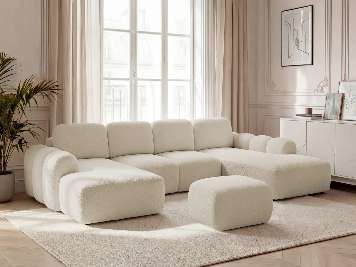 Canapé panoramique convertible coffre MONTAIGNE tissu bouclette avec pouf - Image 5
