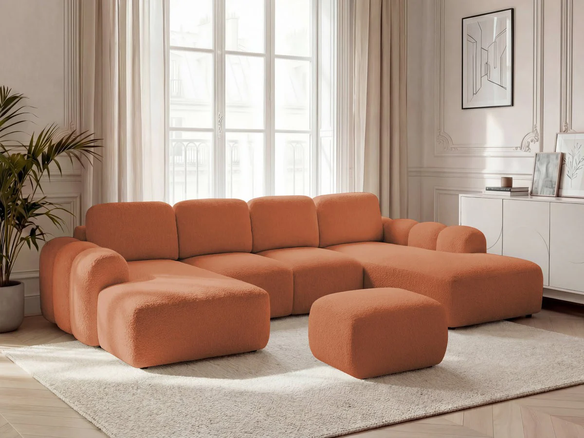 Canapé panoramique convertible coffre MONTAIGNE tissu bouclette avec pouf - Image 8