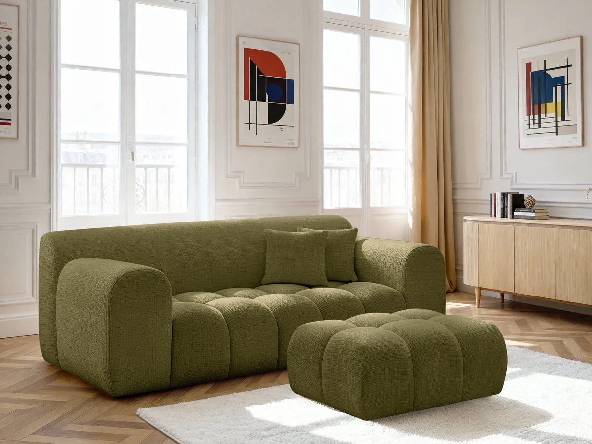 Canapé droit fixe 2 places MELISSE tissu texturé avec pouf - Image 10