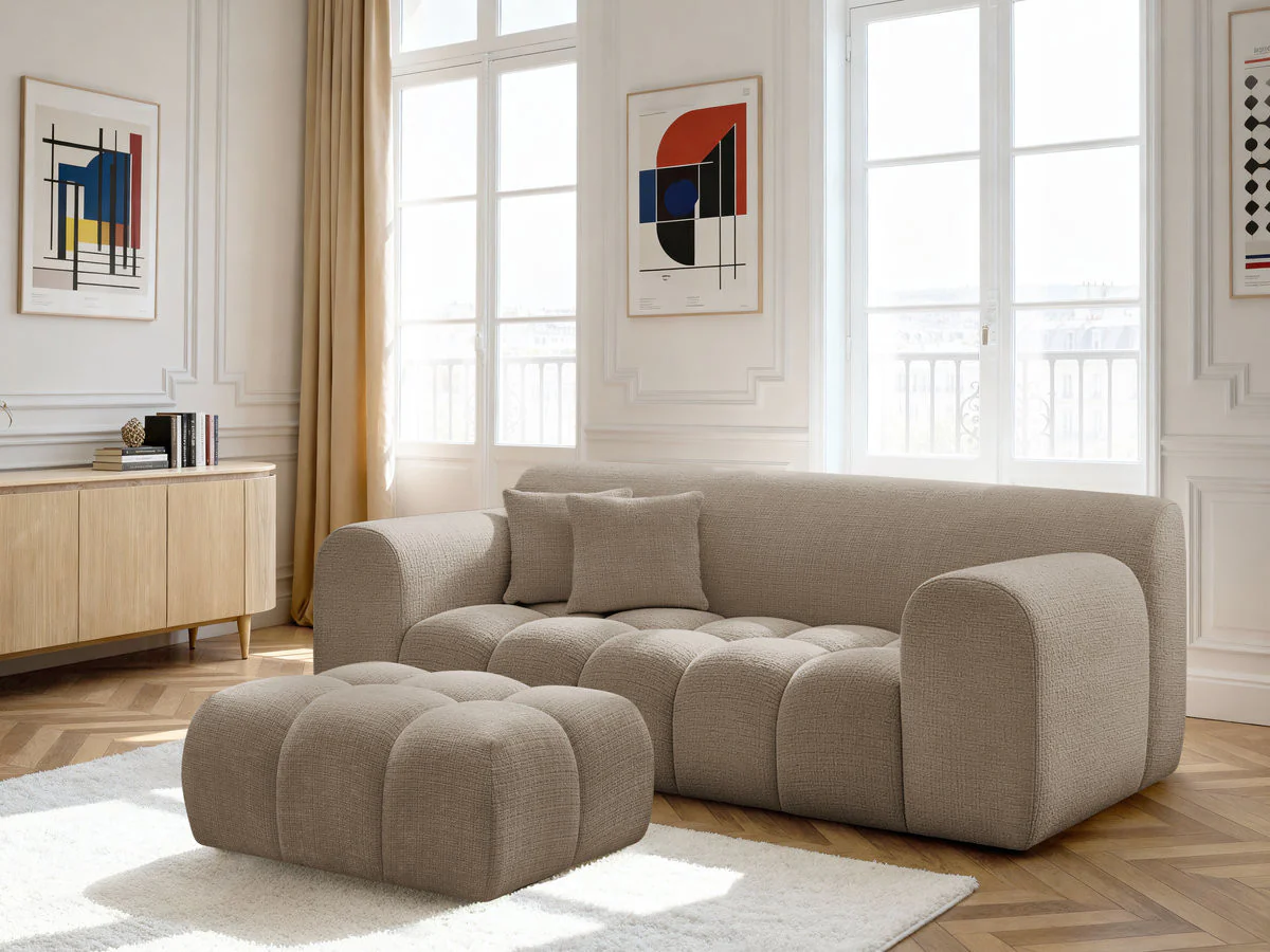 Canapé droit fixe 2 places MELISSE tissu texturé avec pouf - Image 11